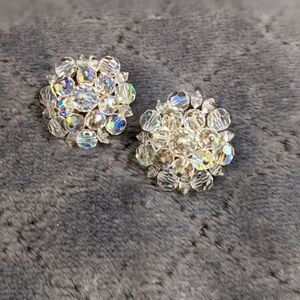 Vintage 1950's Aurora Borealis Crystal Round Button Clip Earrings